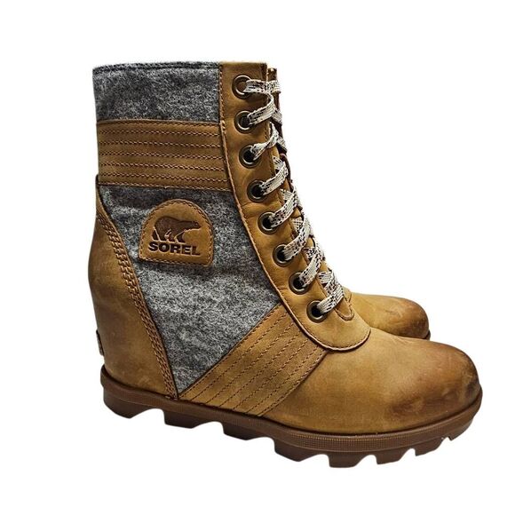 SOREL Wedge Lace-Up Boots – Leather & Wool Blend Tan/Gray  Size 8.5 - Picture 3 of 13